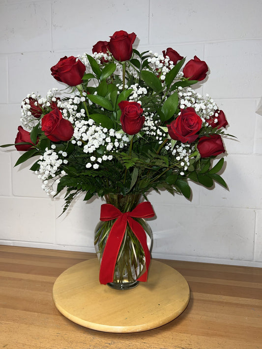 Dozen red roses in vase-Life Flower Shop